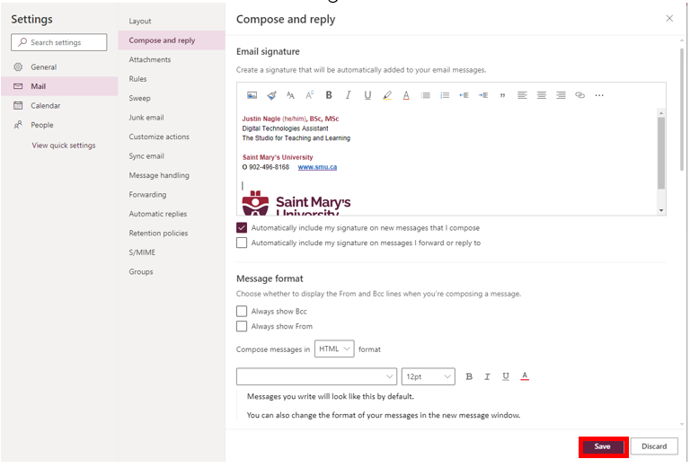 Image showing the save button for saving the email signature