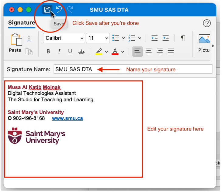 Image showing the save button for saving a signature