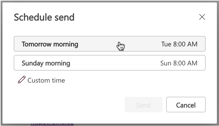 Schedule send window showing two suggested times.