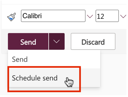 Outlook 'Send' button dropdown menu with a red box highlighting the 'Schedule send' option. 