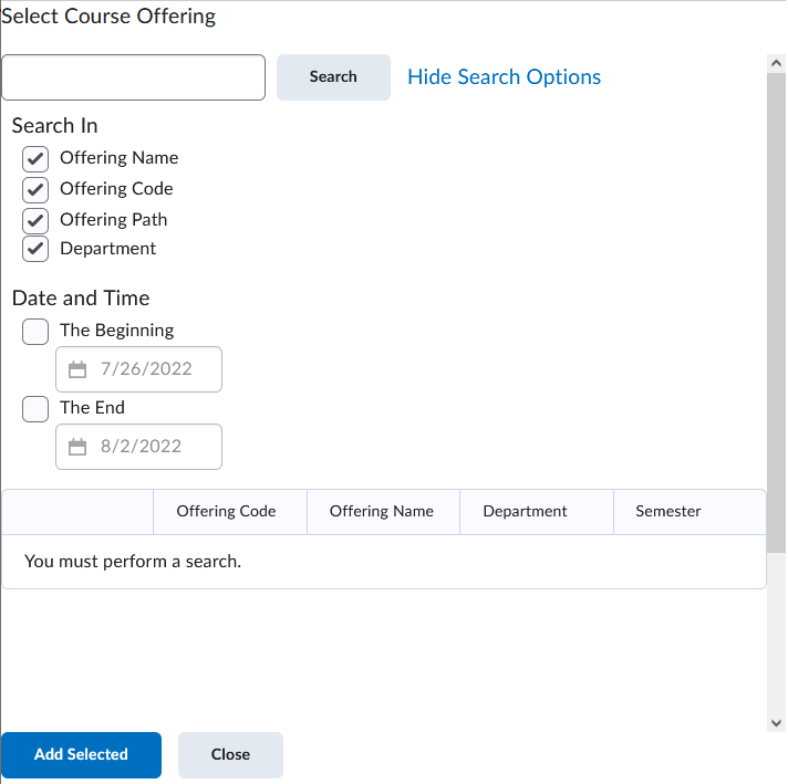 Image showing the search course offering options