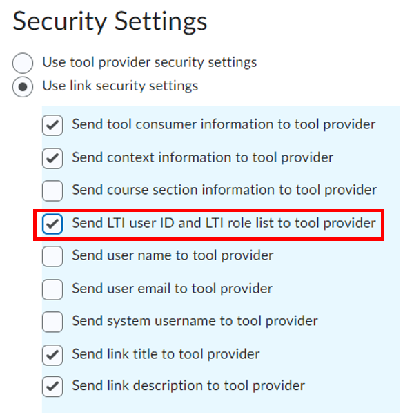 Image showing the security settings for the LMS page