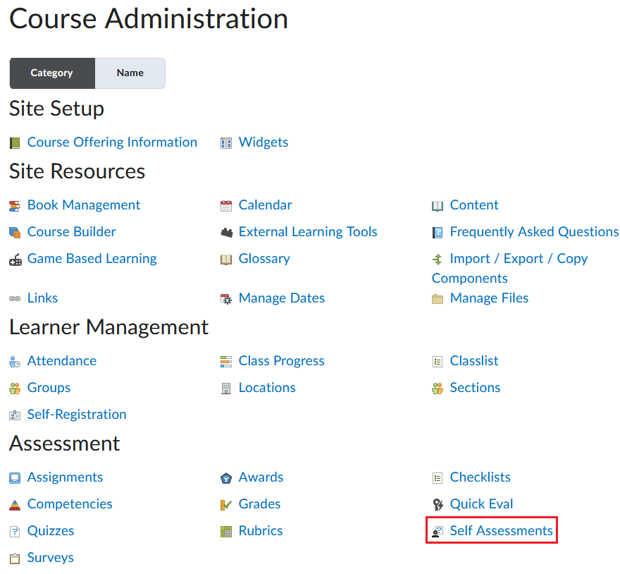 Image showing the self assessment button from edit course menu