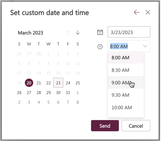 Set custom date and time window, showing an example custom time.