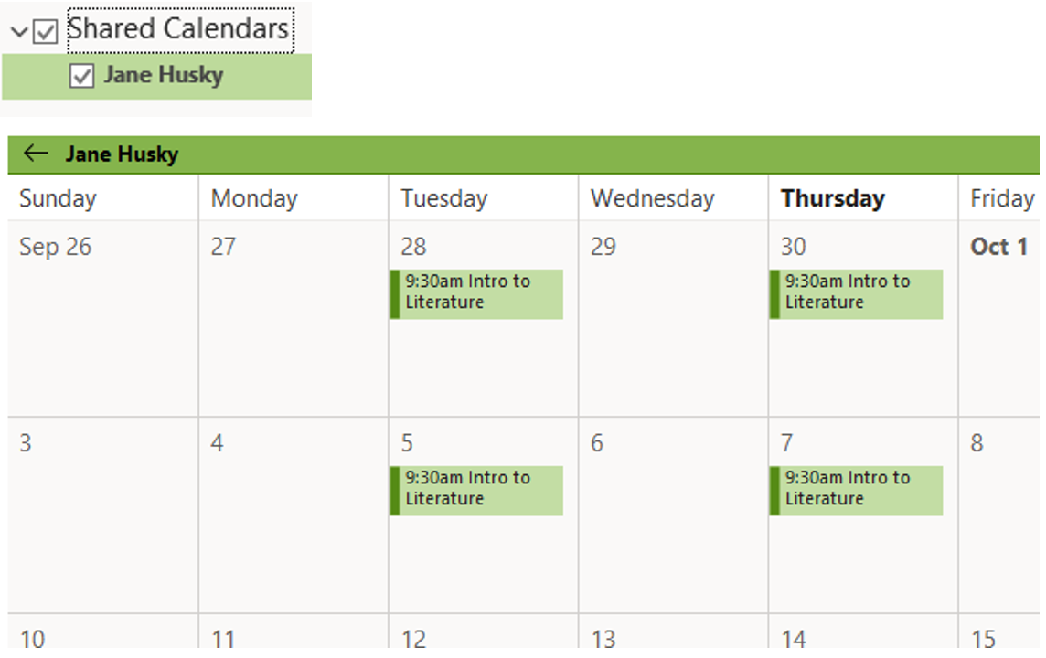 Image showing the added shared calendar in Outlook