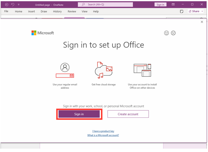 Image showing the Sign in button in OneNote