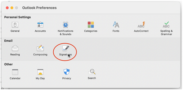 Image showing the signature button after going into preferences option