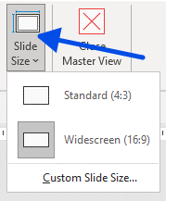 Showing the Slide Size button and the drop-down options