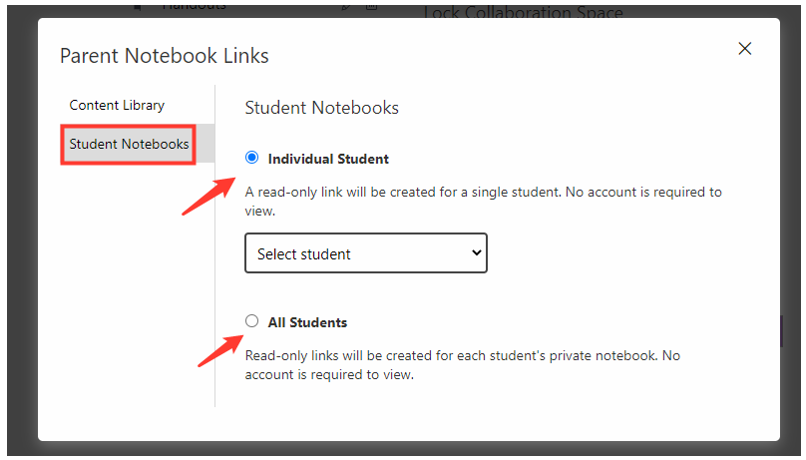 Image showing the Student Notebook button and the option for Individual/All students in Notebook