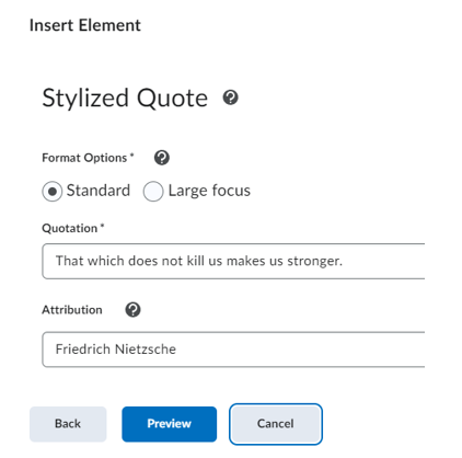 Showing the Format, Quotation and Attribution option for Stulized Quote element