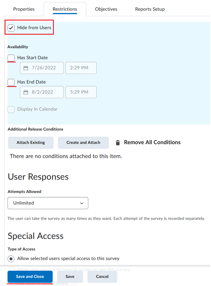 Image showing the survey restrictions tab