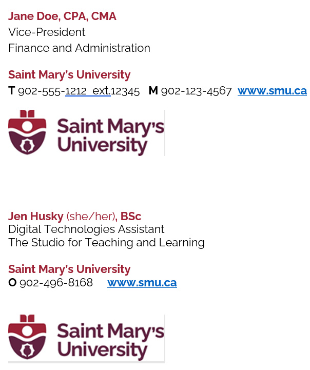 Image showing two examples of proper SMU branded signatures