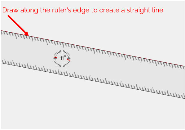 Showing the use of a ruler to draw a straight line in an angle using the Inking tool.