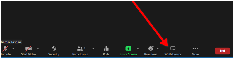 Pointing to the Whiteboard button by a red arrow inside a Zoom meeting under meeting controls