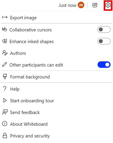 Showing the Settings button of the Whiteboard in a red colored box