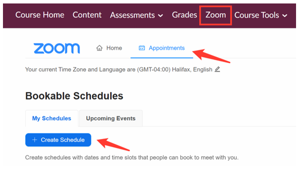 Showing the Zoom button on Brightspace navigation bar with a red rectangle box, the Zoom Appointments tab and Create Schedule button with red arrows