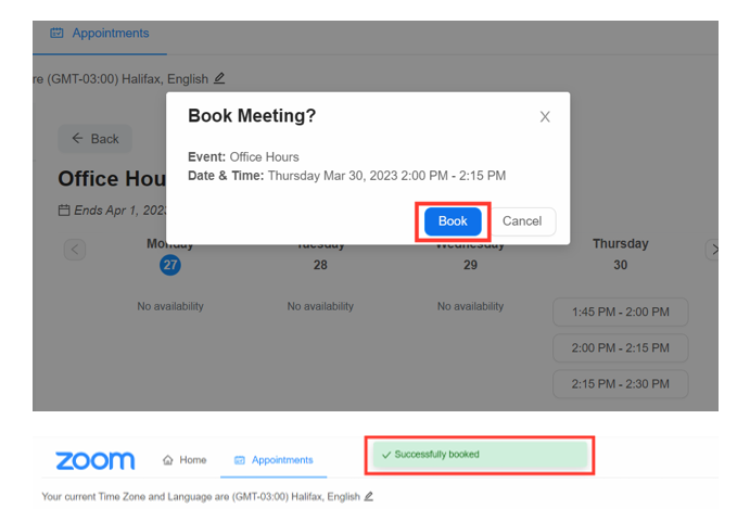 Highlighting the blue Book button and the successfully booked message with a red rectangular box