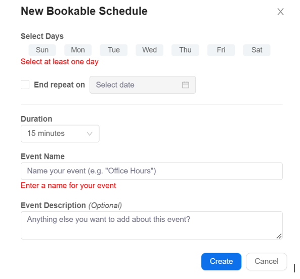 Showing the Bookable schedule properties where there is the option for selecting individual days, duration of event, name and description of events.