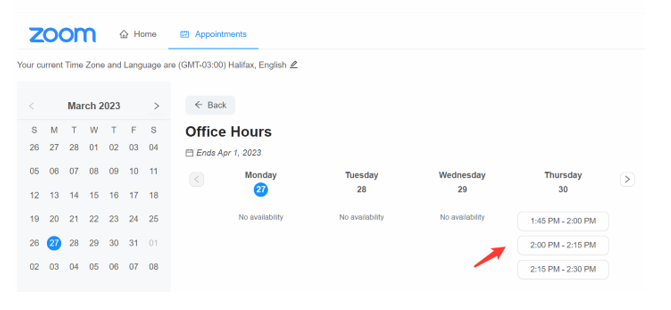 Highlighting the timeslot of an office hour with a red arrow